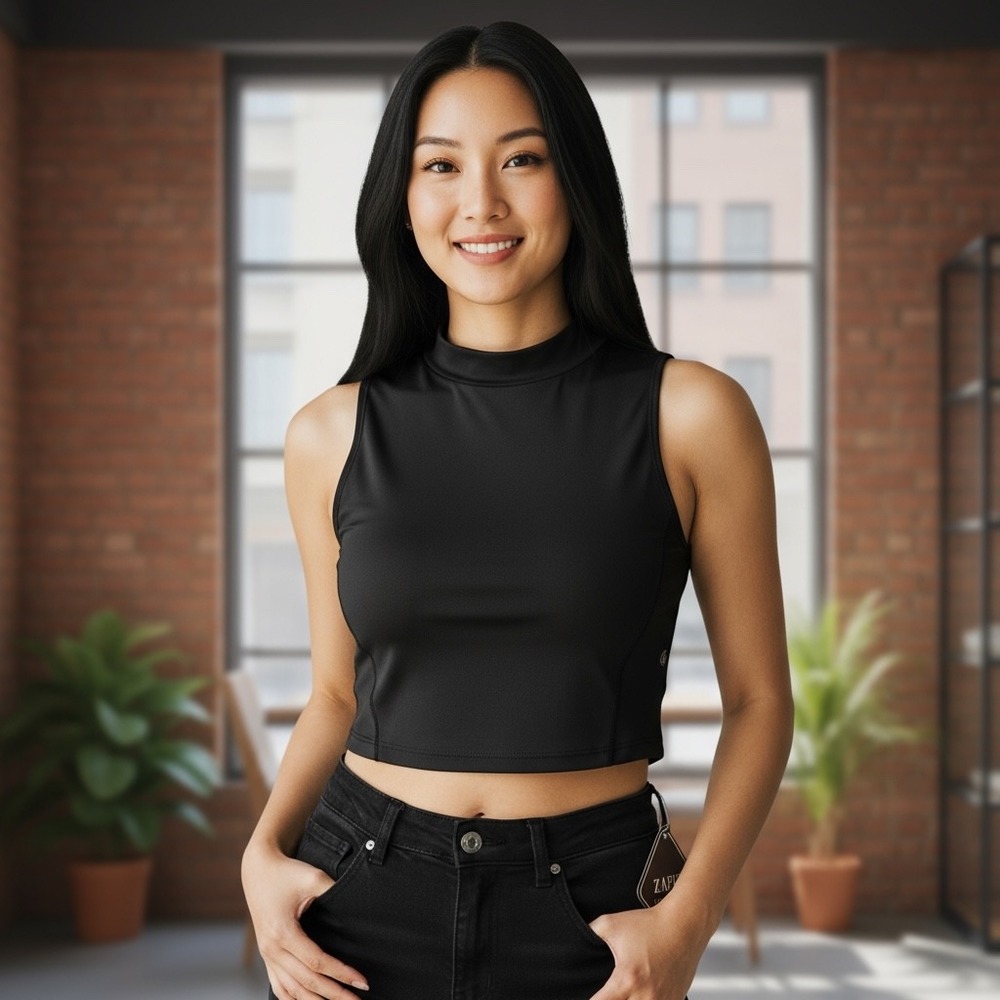 Zaful Women's Black Mock Neck Sleeveless Crop Top Blouse Tank US 4 EU 36